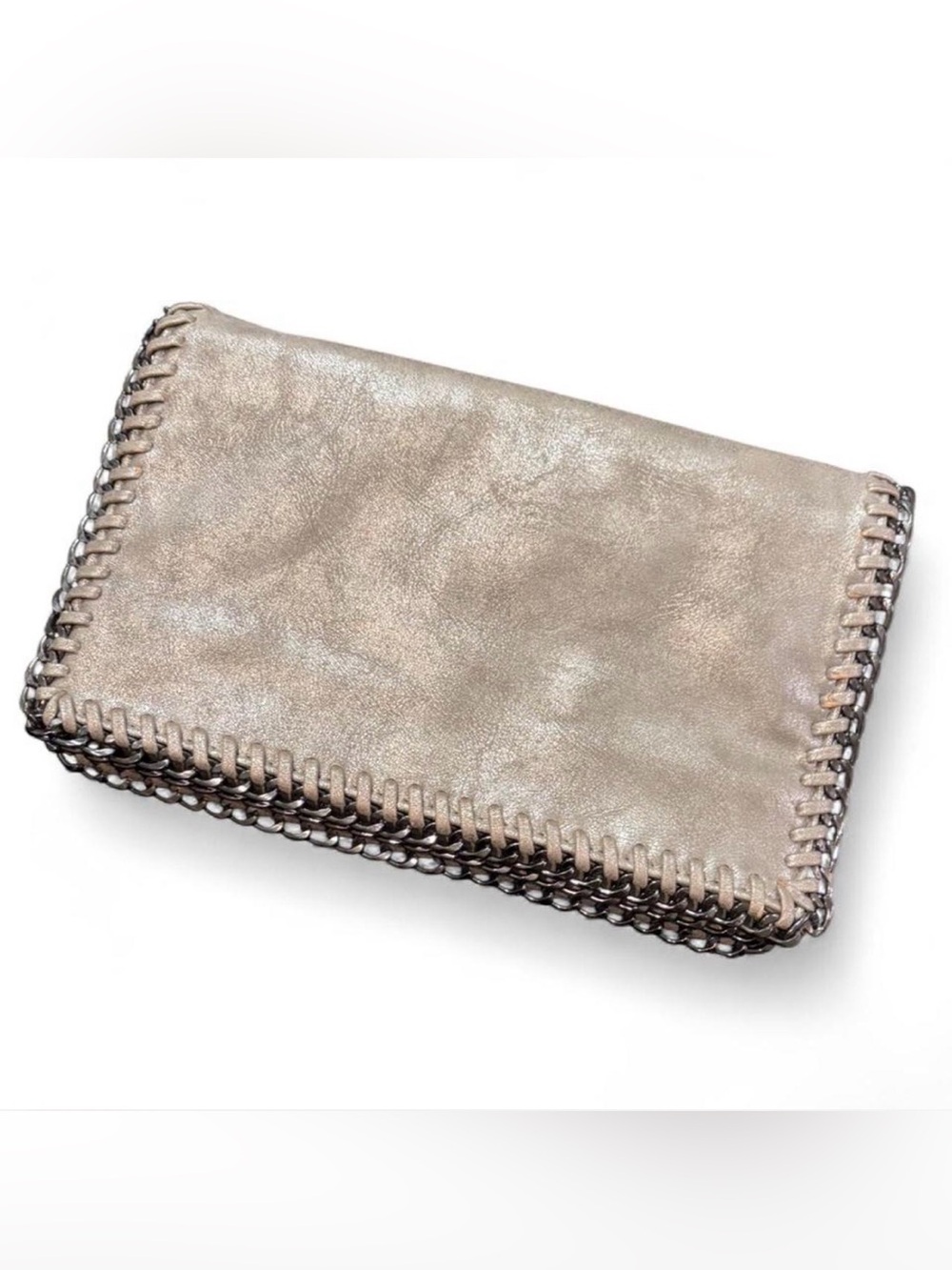 Metallic Taupe Whipstitch Chain-Trim Clutch